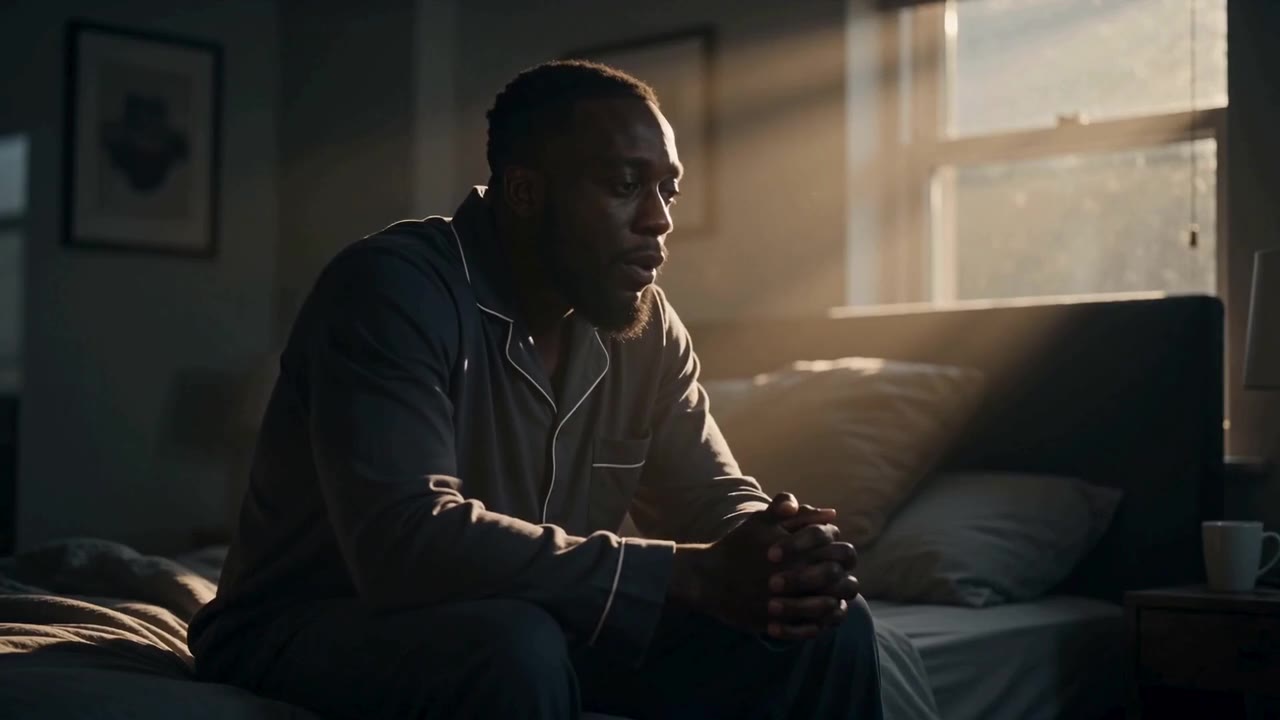 First light through a bedroom window. A man sits on the edge of the bed with his hands together, in the minute before the day has decided anything.